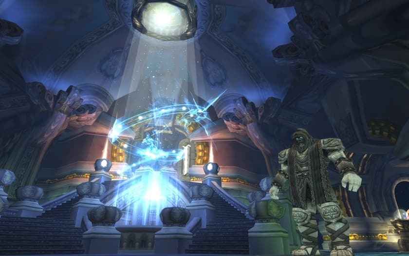 A stone titan standing beside a glowing arcane construct