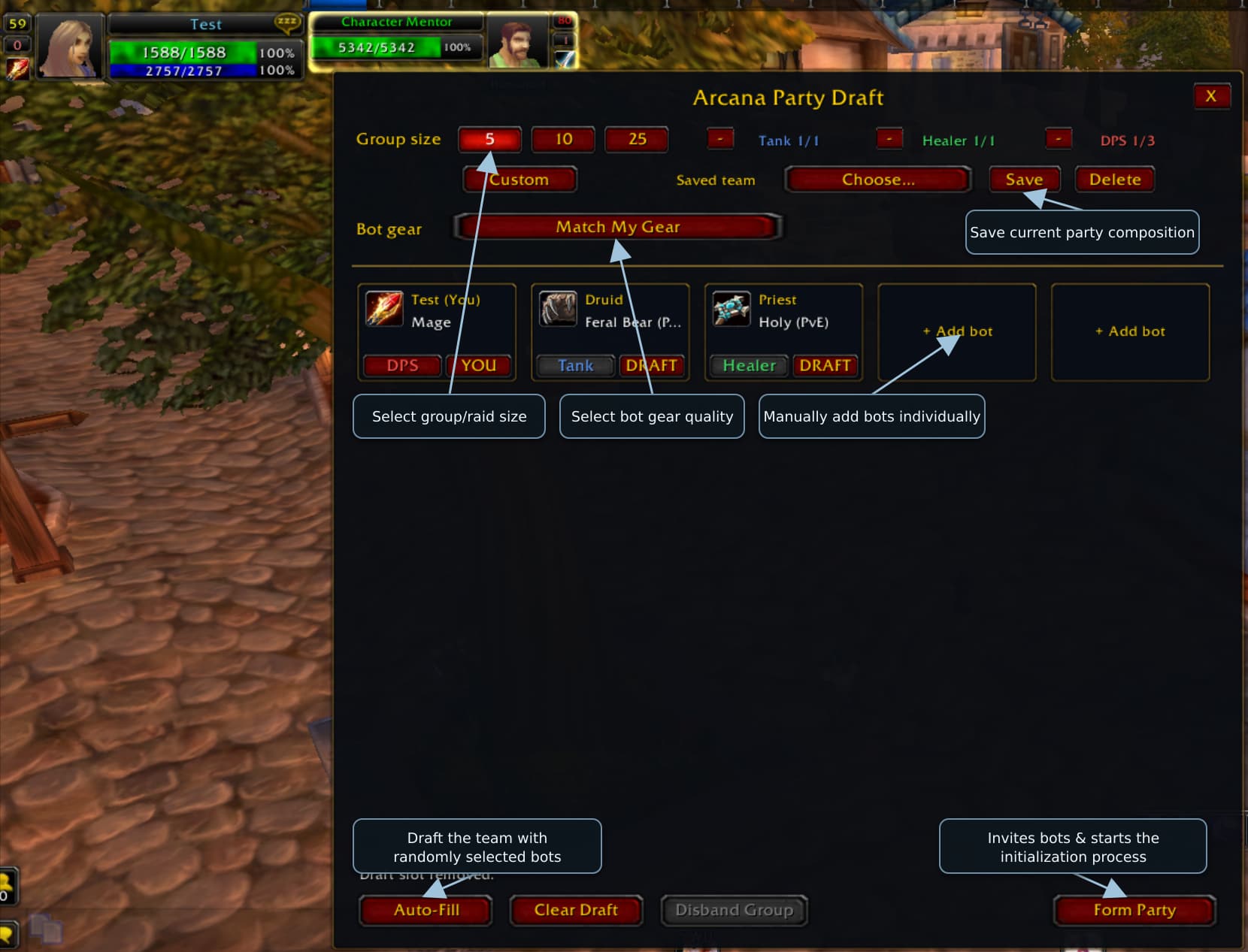 Arcana Party Draft interface with callouts explaining its party-building controls