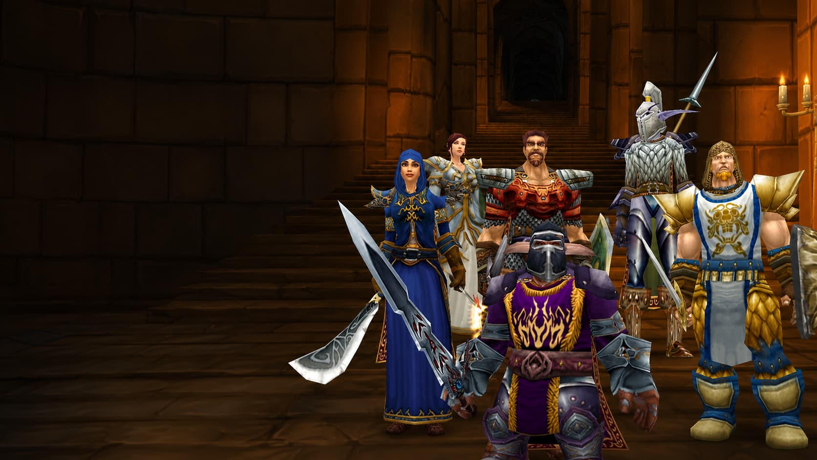 A complete adventuring party assembled inside a stone hall