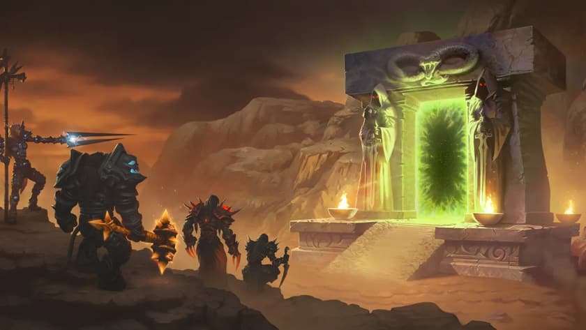 A party approaching a glowing green portal in Outland