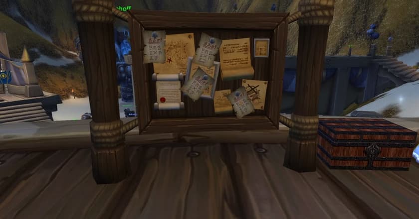 A notice board covered with maps, scrolls, and posted updates